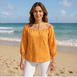 Talbots Women’s Embroidered Smocked Top Sunrise Dot Size PL